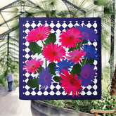 Floral patterned fabric with pink and blue flowers on a Diamond Checkered background, Botanical House, Buxton